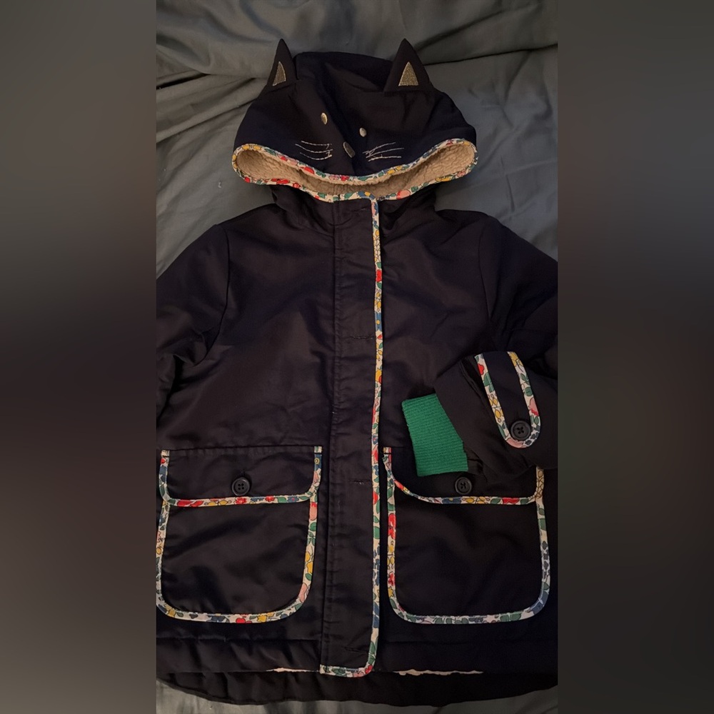 Mini Boden Black Cat-Ear Kids Jacket with Floral Trim